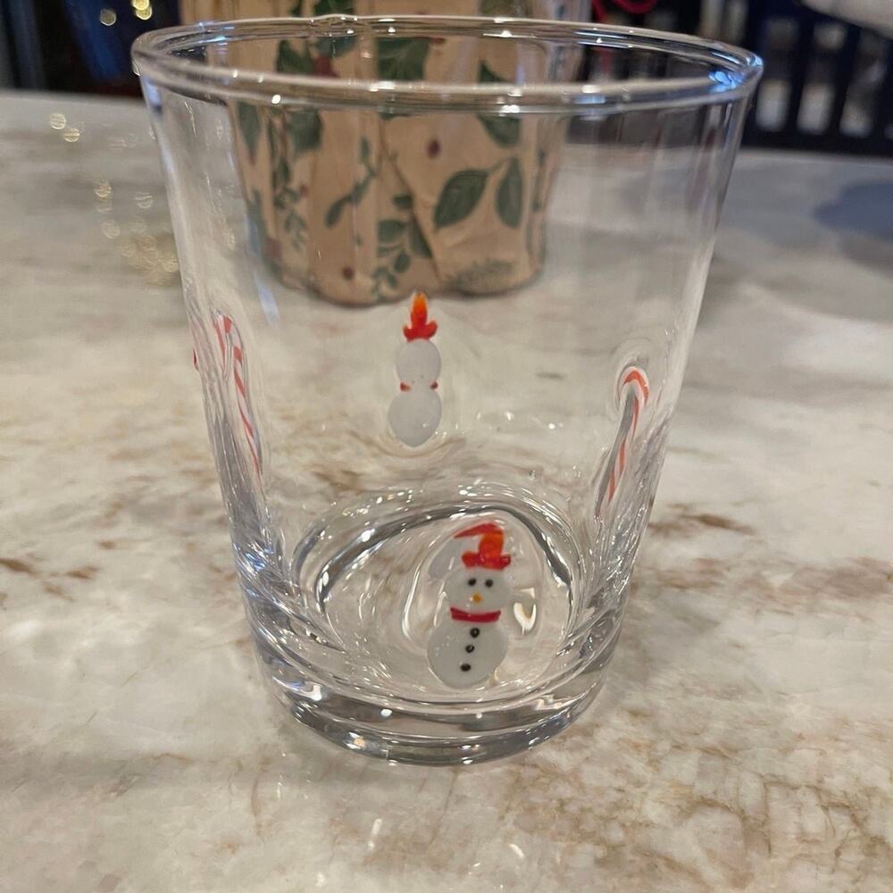 Anthropologie Christmas art glass juice glass or cocktail Candy Canes & Snowman